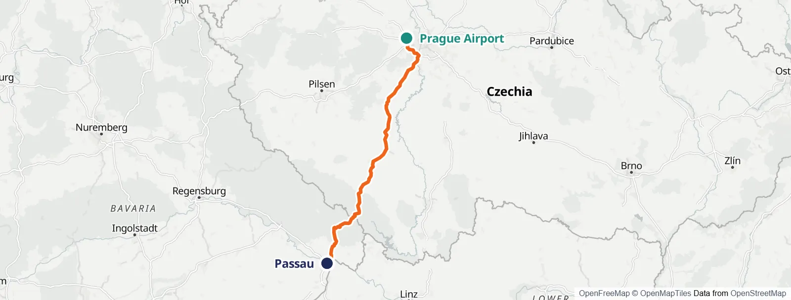Ruttkarta: Prague Airport – Passau