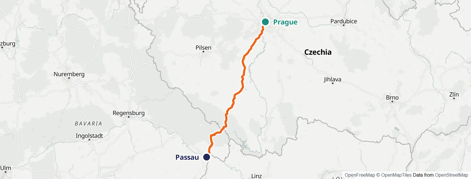 Ruttkarta: Prague – Passau