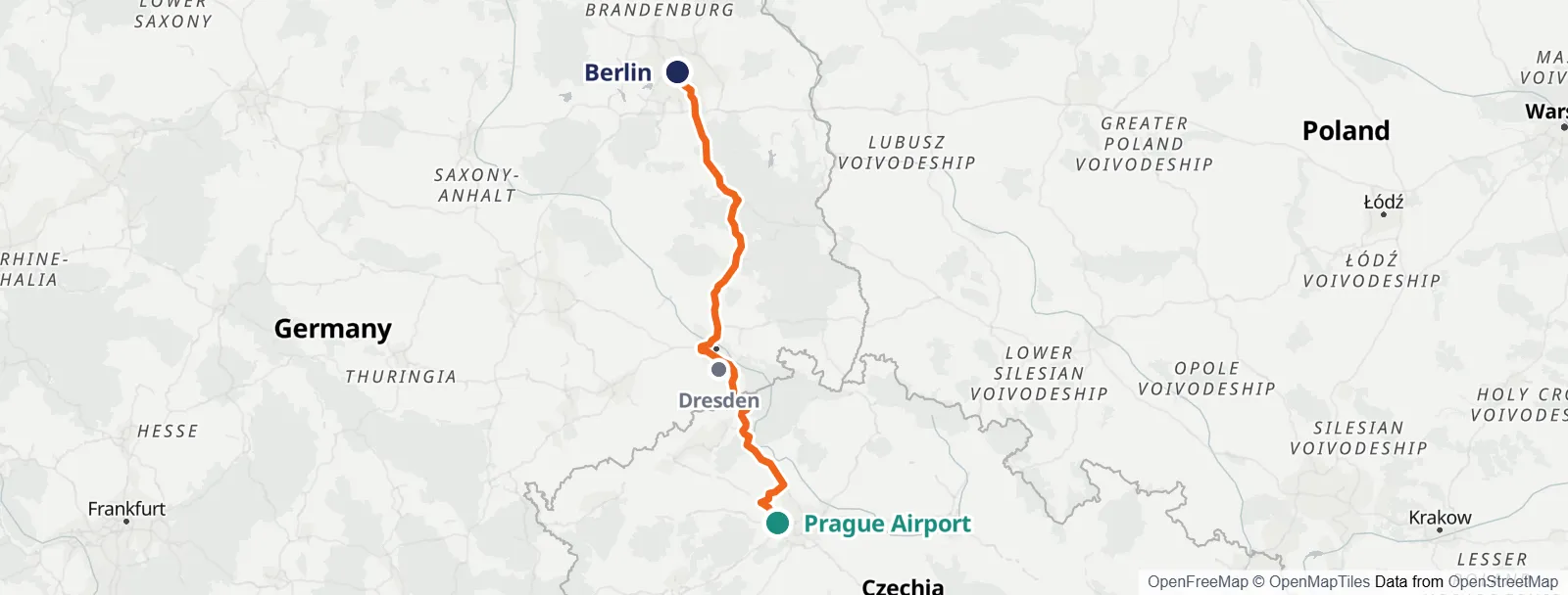 Ruttkarta: Prague Airport – Dresden – Berlin