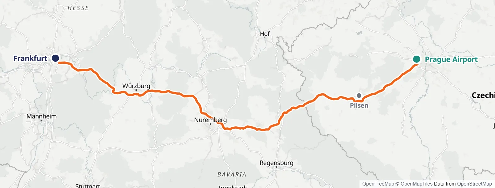 Ruttkarta: Prague Airport – Pilsen – Frankfurt