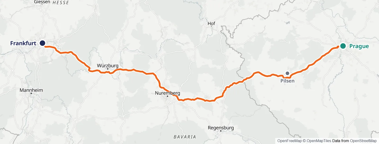 Ruttkarta: Prague – Pilsen – Frankfurt