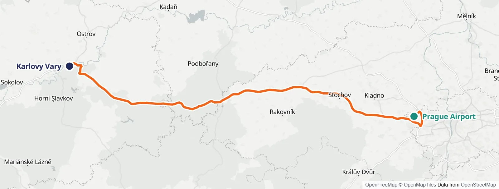 Ruttkarta: Prague Airport – Karlovy Vary