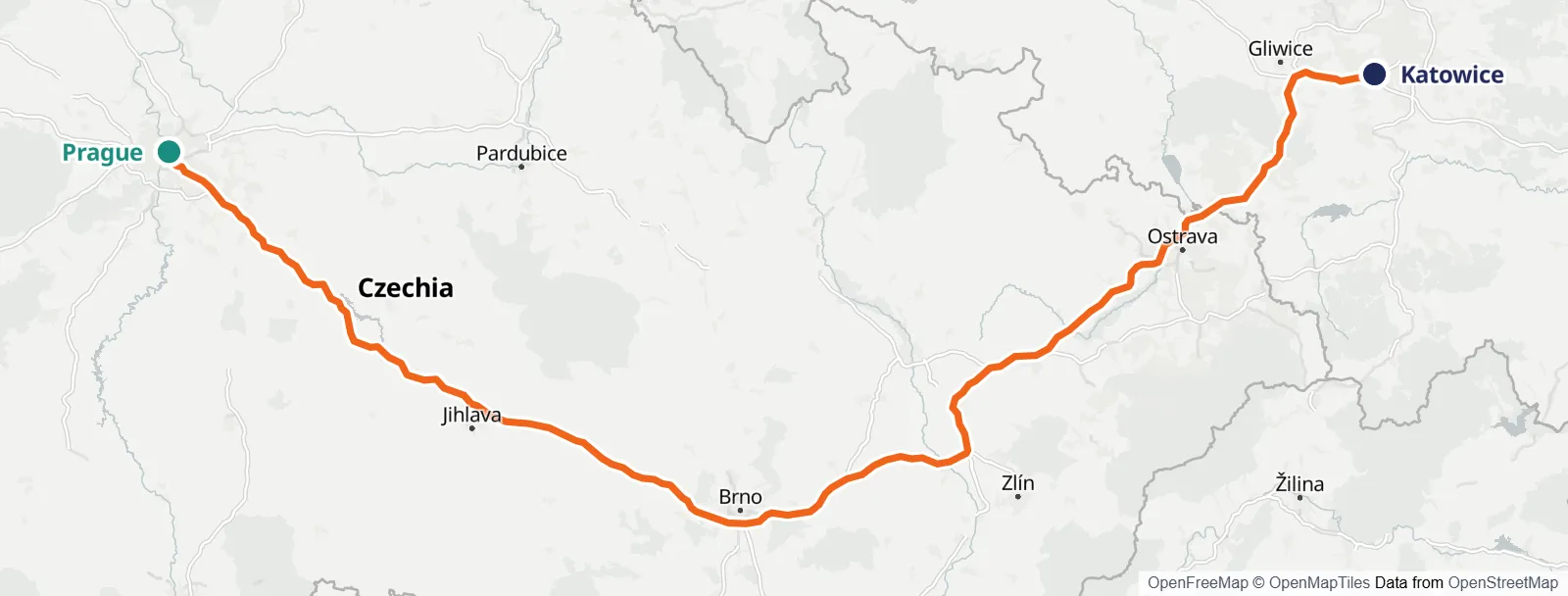 Ruttkarta: Prague – Katowice