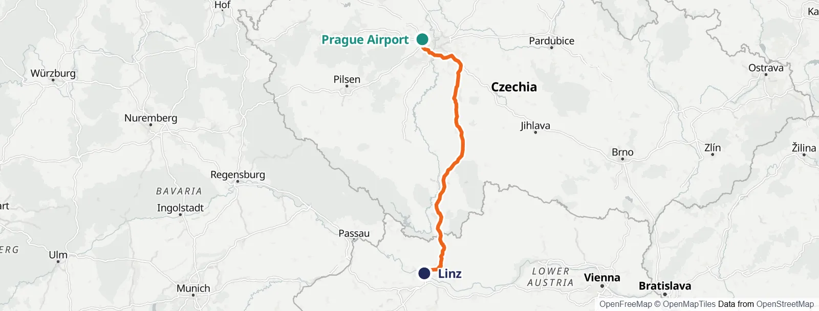 Ruttkarta: Prague Airport – Linz