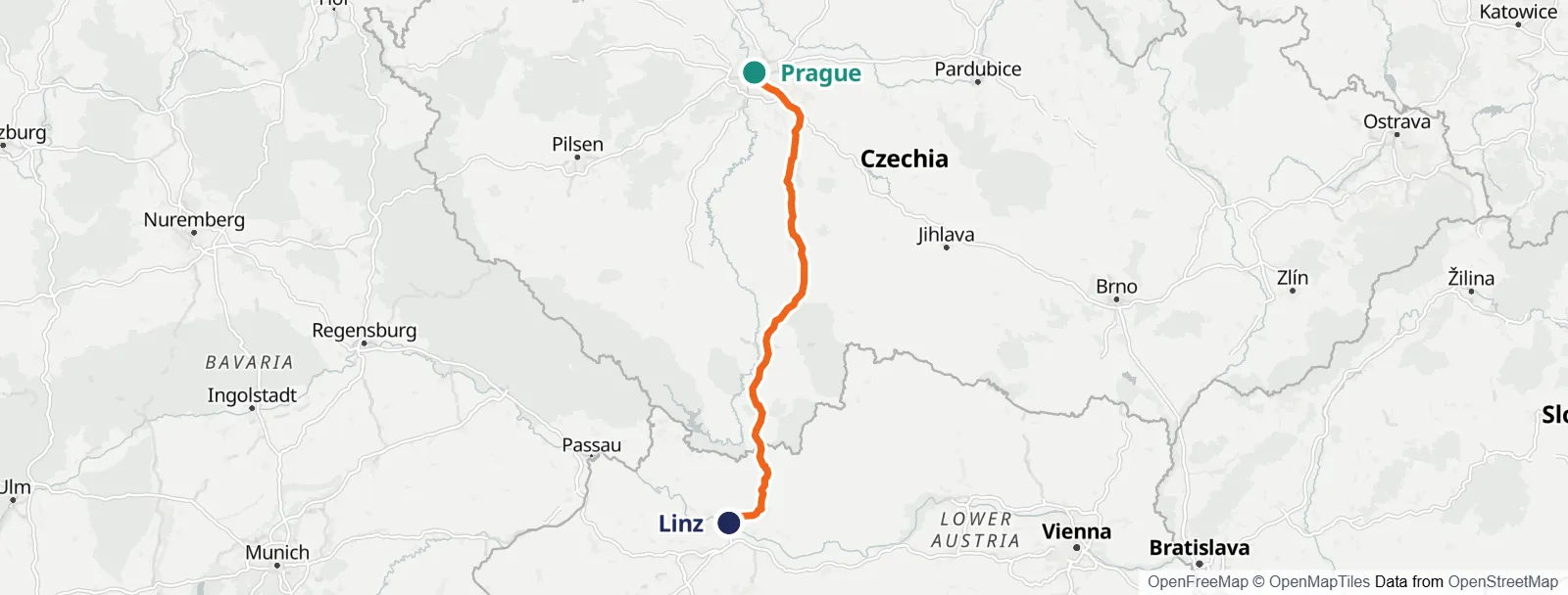 Ruttkarta: Prague – Linz