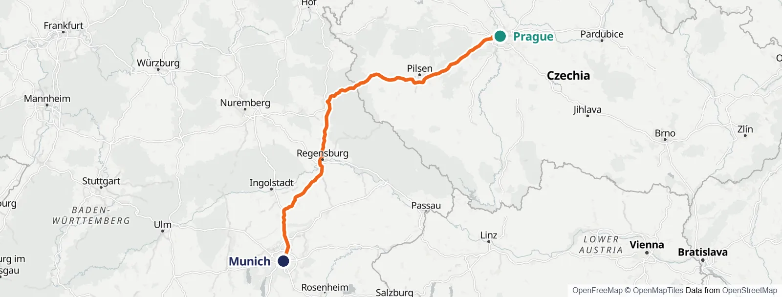 Ruttkarta: Prague – Munich