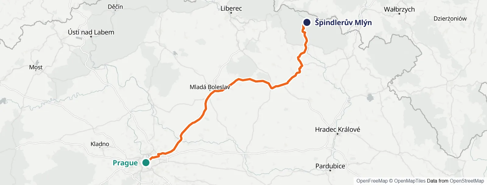 Ruttkarta: Prague – Špindlerův Mlýn